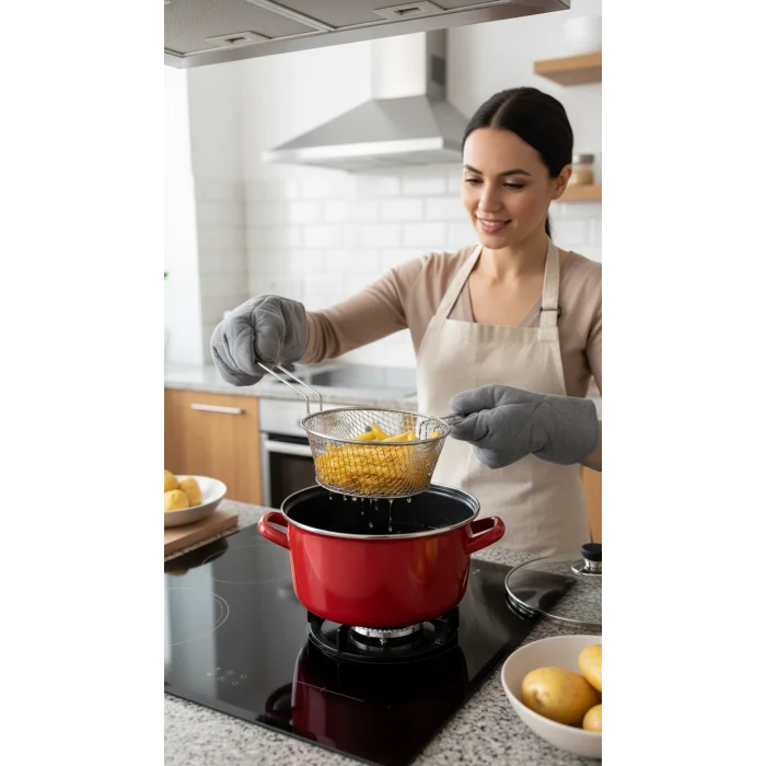 Prestij 22 cm Emaye Fritöz Kızartma Tenceresi – 3,5 L – Kırmızı