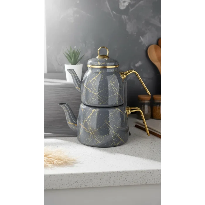 Kırık Mermer özel tasarım Çaydanlık Takımı Gri