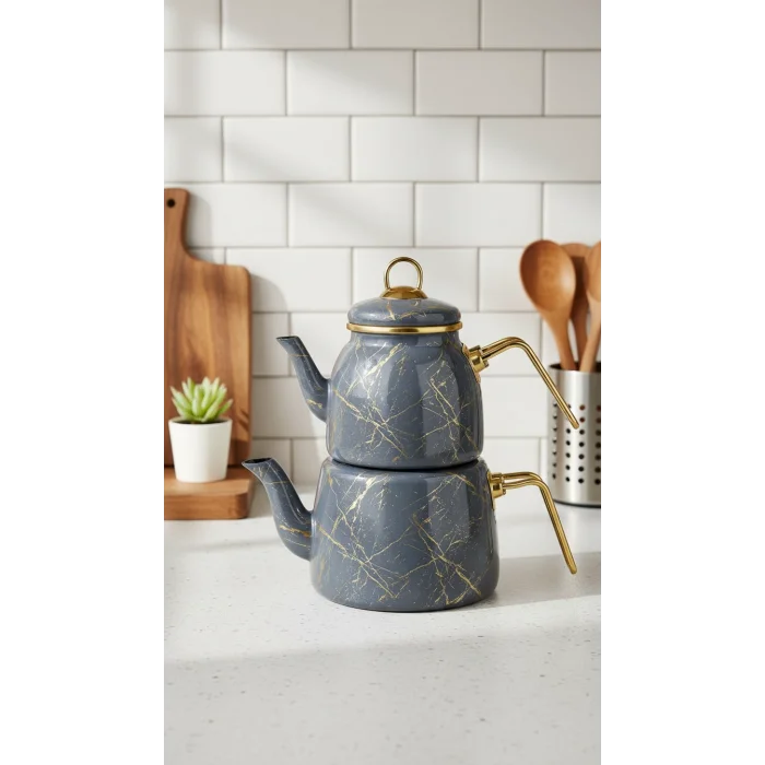 Kırık Mermer özel tasarım Çaydanlık Takımı Gri