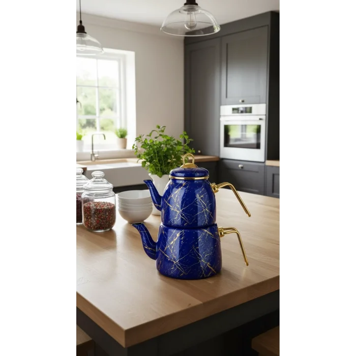 Lacivert Lüks Kırık Mermer Çaydanlık Takımı