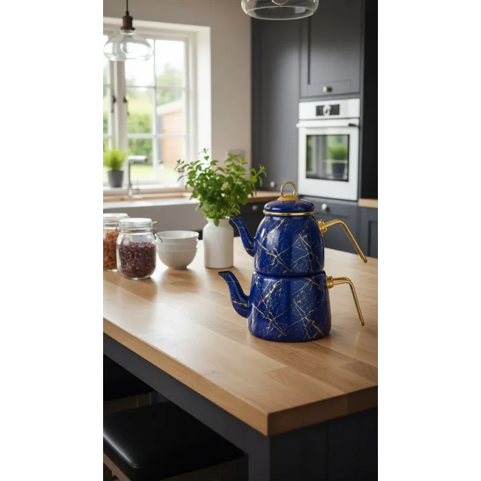 Lacivert Lüks Kırık Mermer Çaydanlık Takımı