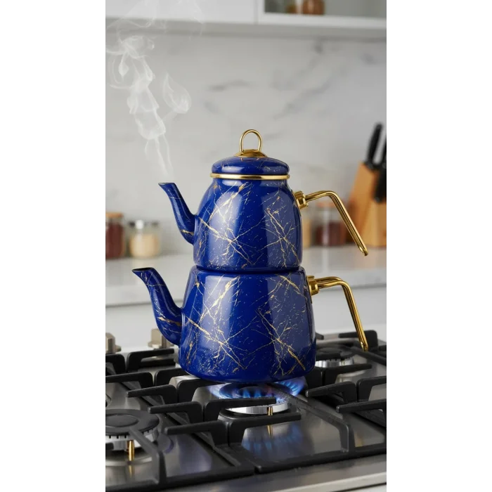 Lacivert Lüks Kırık Mermer Çaydanlık Takımı