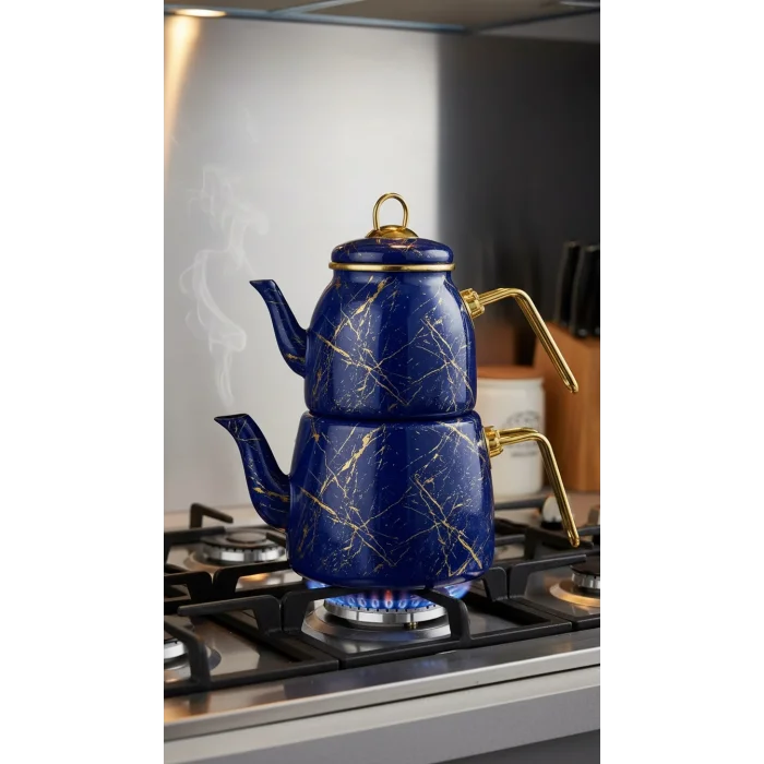 Lacivert Lüks Kırık Mermer Çaydanlık Takımı