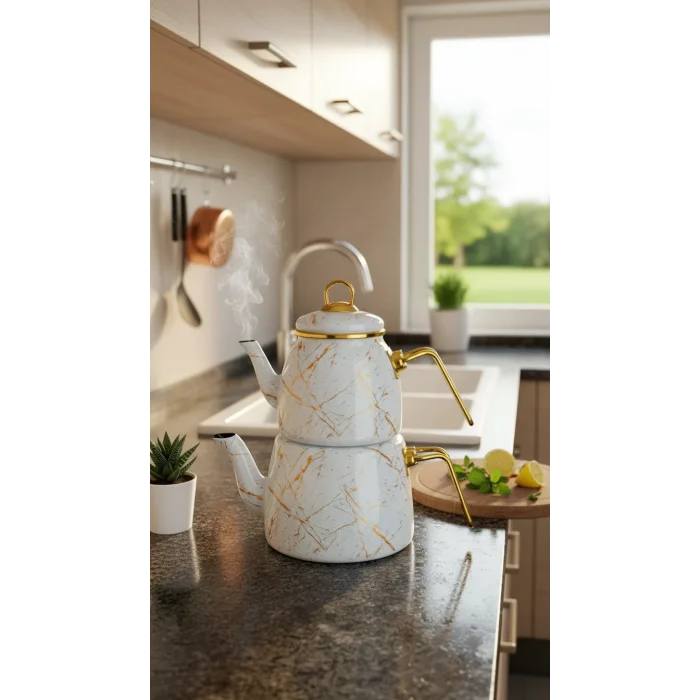 Premium Beyaz Kırık Mermer Çaydanlık Seti