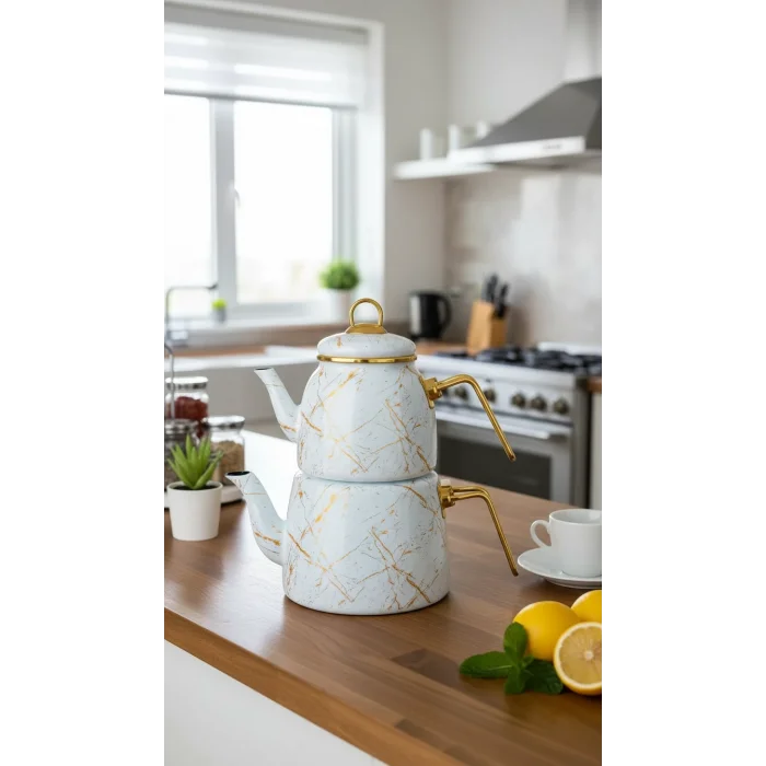 Premium Beyaz Kırık Mermer Çaydanlık Seti