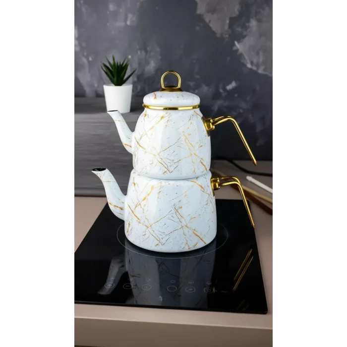 Premium Beyaz Kırık Mermer Çaydanlık Seti