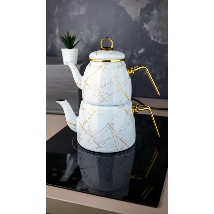 Premium Beyaz Kırık Mermer Çaydanlık Seti