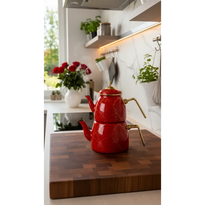 Premium Kırık Mermer Kırmızı Çaydanlık Takımı