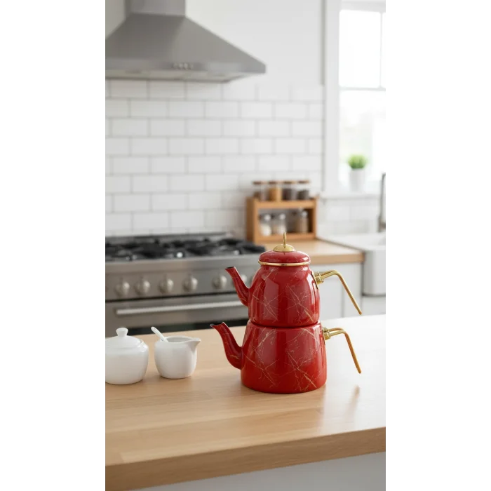 Premium Kırık Mermer Kırmızı Çaydanlık Takımı