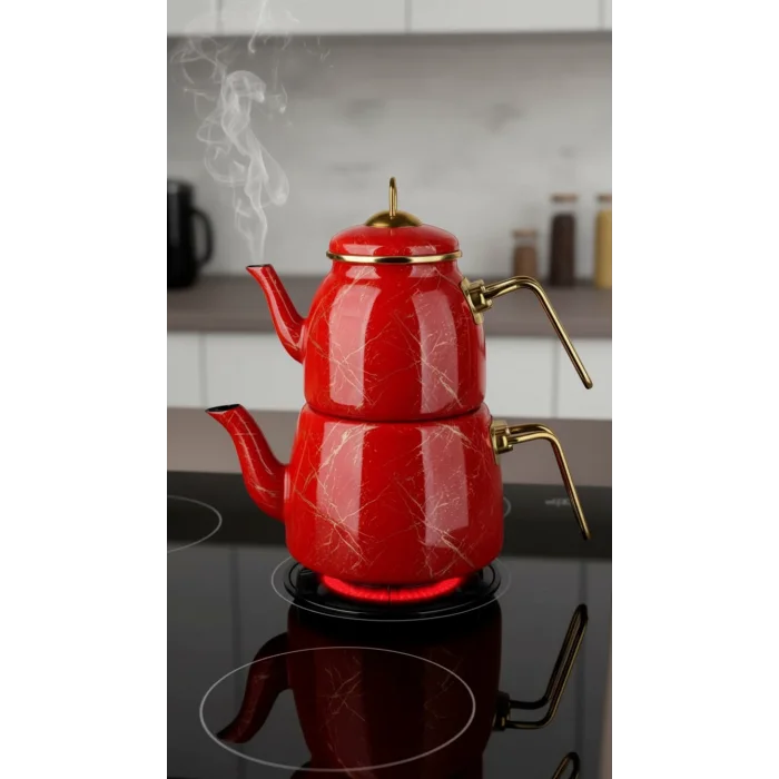 Premium Kırık Mermer Kırmızı Çaydanlık Takımı