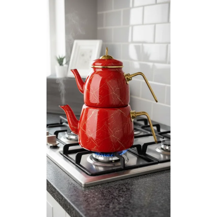 Premium Kırık Mermer Kırmızı Çaydanlık Takımı