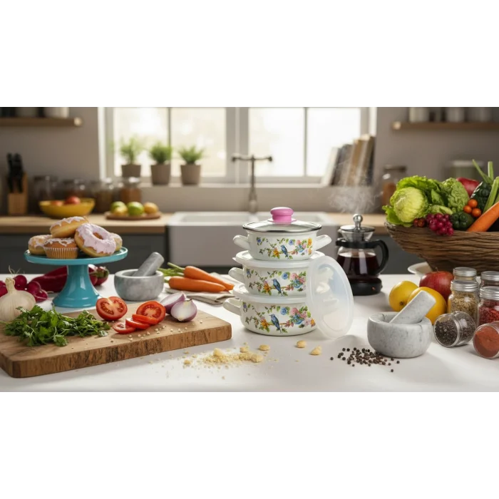 3 Parça Lüks Emaye Tencere Takımı – Vakumlu Kapaklı Saklama ve Pişirme Seti 14/16/18 Cm