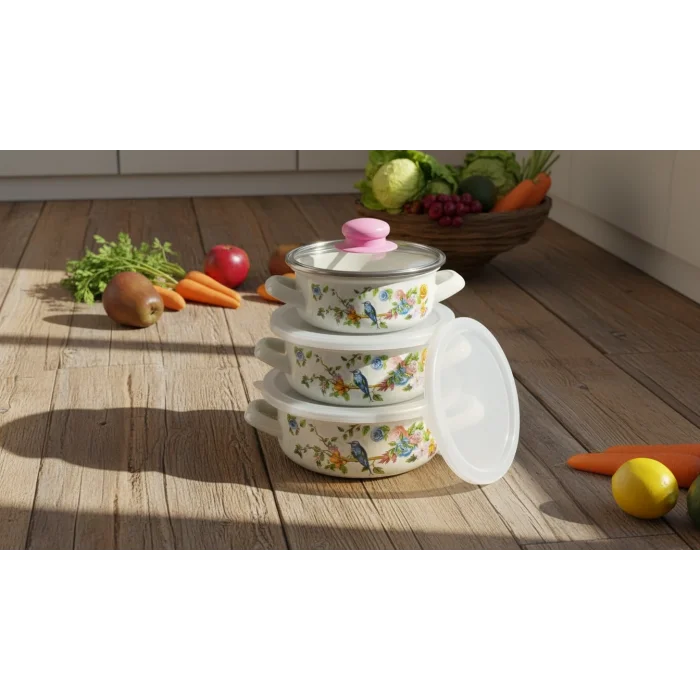 3 Parça Lüks Emaye Tencere Takımı – Vakumlu Kapaklı Saklama ve Pişirme Seti 14/16/18 Cm