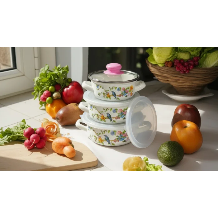 3 Parça Lüks Emaye Tencere Takımı – Vakumlu Kapaklı Saklama ve Pişirme Seti 14/16/18 Cm