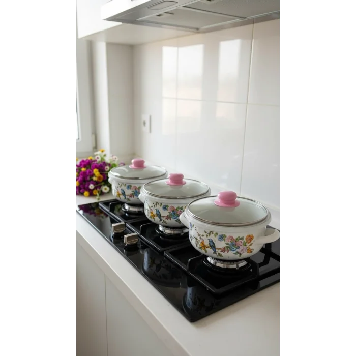 3 Parça Lüks Emaye Tencere Takımı – Vakumlu Kapaklı Saklama ve Pişirme Seti 14/16/18 Cm