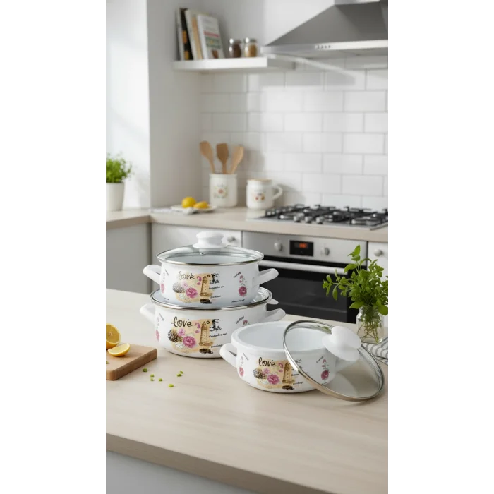 Galata 3 Parça Lüks Emaye Tencere Takımı – Vakumlu Kapaklı Saklama ve Pişirme Seti 14/16/18 Cm