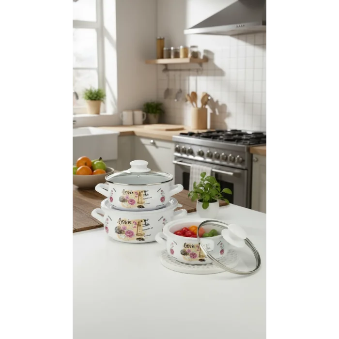 Galata 3 Parça Lüks Emaye Tencere Takımı – Vakumlu Kapaklı Saklama ve Pişirme Seti 14/16/18 Cm