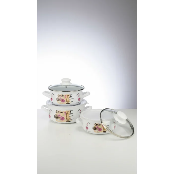 Galata 3 Parça Lüks Emaye Tencere Takımı – Vakumlu Kapaklı Saklama ve Pişirme Seti 14/16/18 Cm