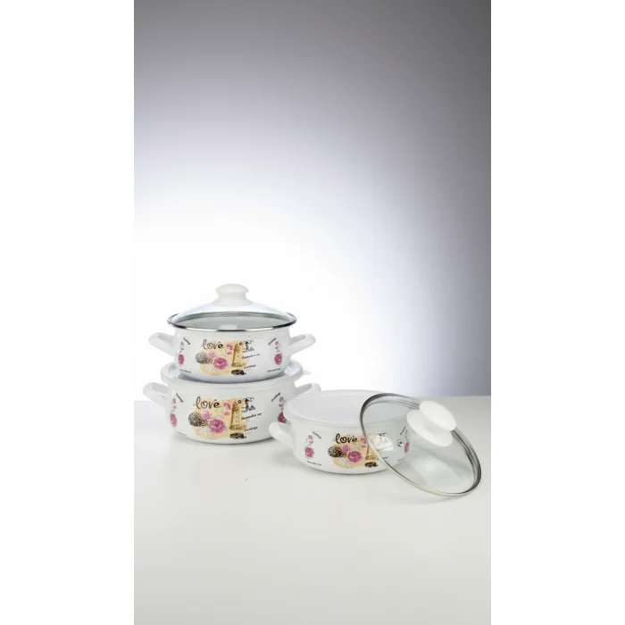 Galata 3 Parça Lüks Emaye Tencere Takımı – Vakumlu Kapaklı Saklama ve Pişirme Seti 14/16/18 Cm