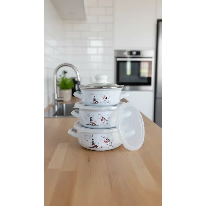 İstanbul Parça Lüks Emaye Tencere Takımı – Vakumlu Kapaklı Saklama ve Pişirme Seti 14/16/18 Cm