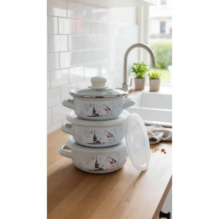 İstanbul Parça Lüks Emaye Tencere Takımı – Vakumlu Kapaklı Saklama ve Pişirme Seti 14/16/18 Cm