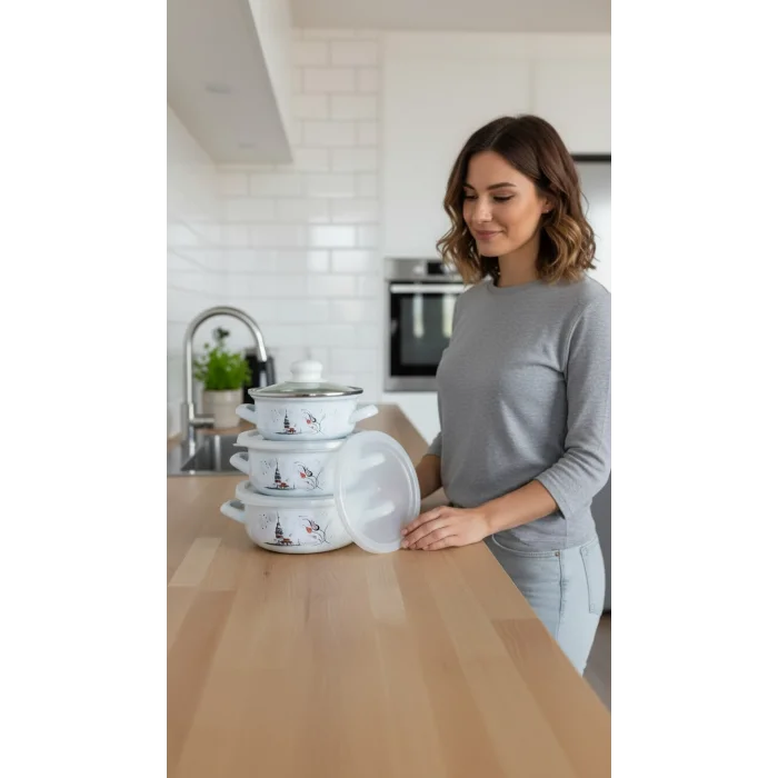 İstanbul Parça Lüks Emaye Tencere Takımı – Vakumlu Kapaklı Saklama ve Pişirme Seti 14/16/18 Cm