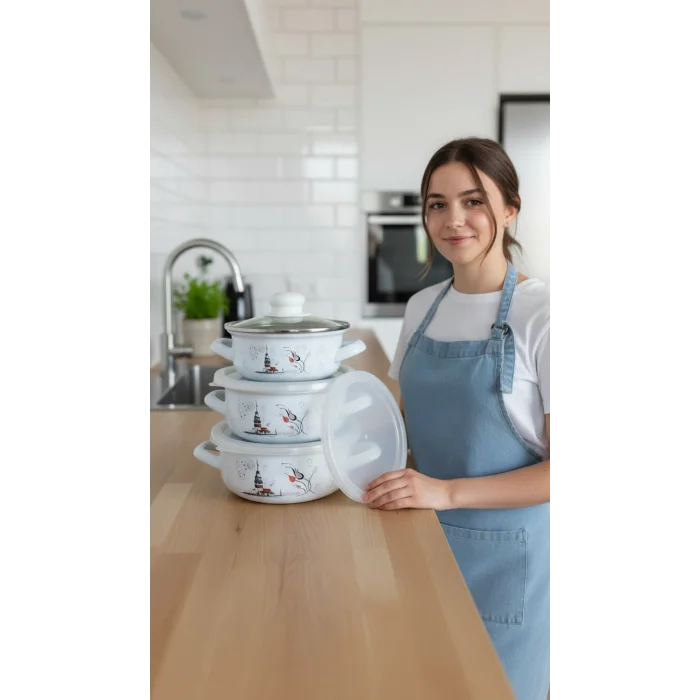 İstanbul Parça Lüks Emaye Tencere Takımı – Vakumlu Kapaklı Saklama ve Pişirme Seti 14/16/18 Cm