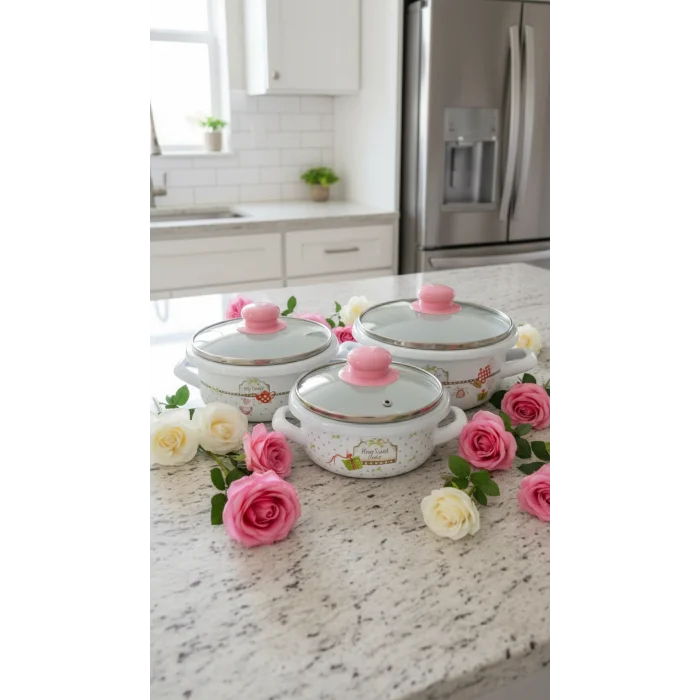 Luca Lüks Emaye Tencere Takımı – Vakumlu Kapaklı Saklama ve Pişirme Seti 14/16/18 Cm