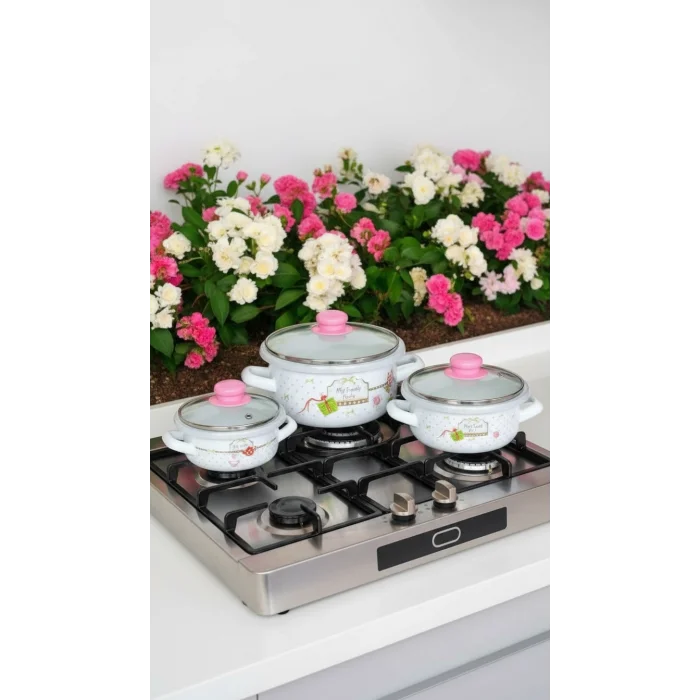 Luca Lüks Emaye Tencere Takımı – Vakumlu Kapaklı Saklama ve Pişirme Seti 14/16/18 Cm