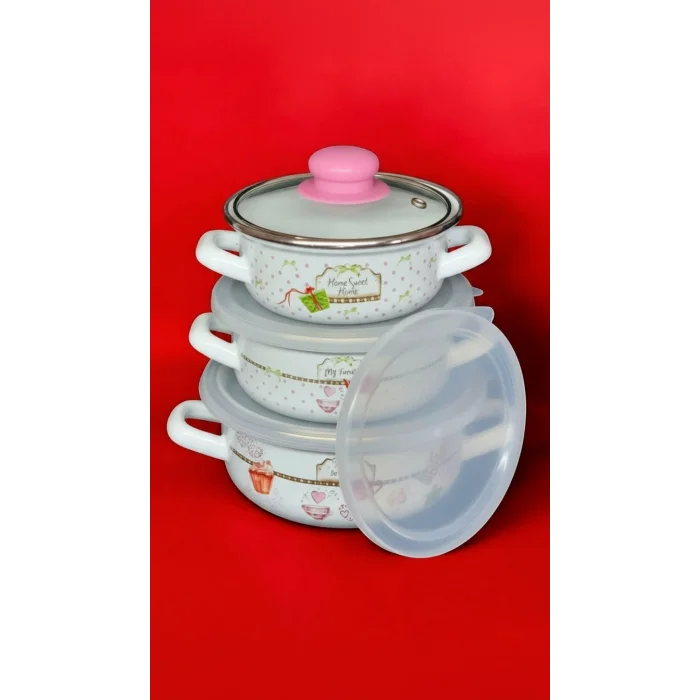 Luca Lüks Emaye Tencere Takımı – Vakumlu Kapaklı Saklama ve Pişirme Seti 14/16/18 Cm
