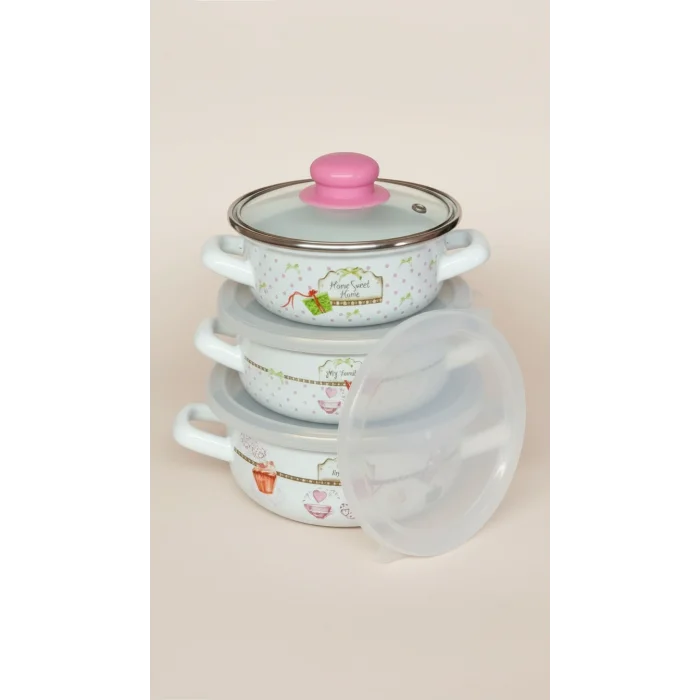 Luca Lüks Emaye Tencere Takımı – Vakumlu Kapaklı Saklama ve Pişirme Seti 14/16/18 Cm