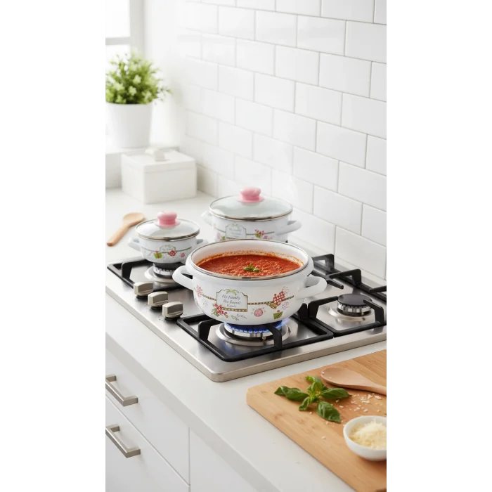 Luca Lüks Emaye Tencere Takımı – Vakumlu Kapaklı Saklama ve Pişirme Seti 14/16/18 Cm