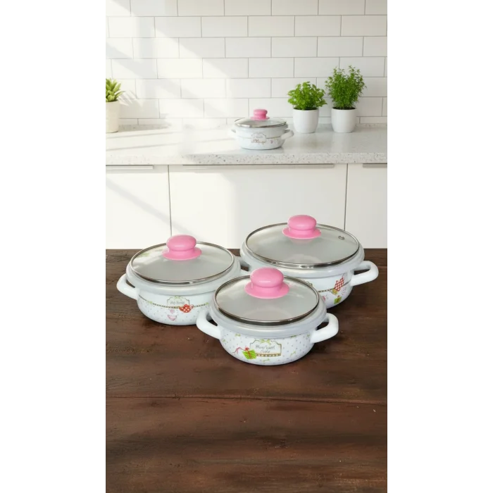 Luca Lüks Emaye Tencere Takımı – Vakumlu Kapaklı Saklama ve Pişirme Seti 14/16/18 Cm