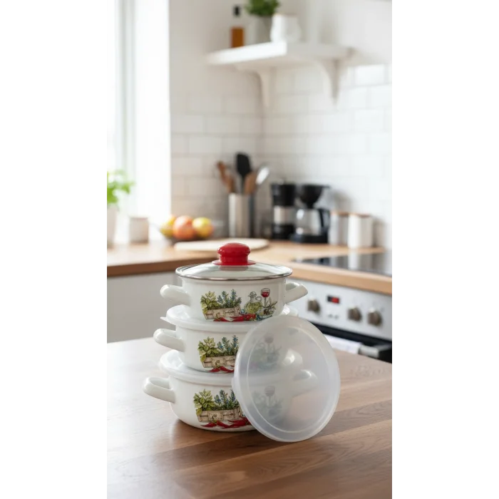 Hüma Lüks Emaye Tencere Takımı – Vakumlu Kapaklı Saklama ve Pişirme Seti 14/16/18 Cm