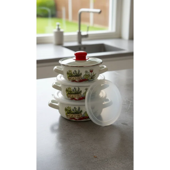 Hüma Lüks Emaye Tencere Takımı – Vakumlu Kapaklı Saklama ve Pişirme Seti 14/16/18 Cm