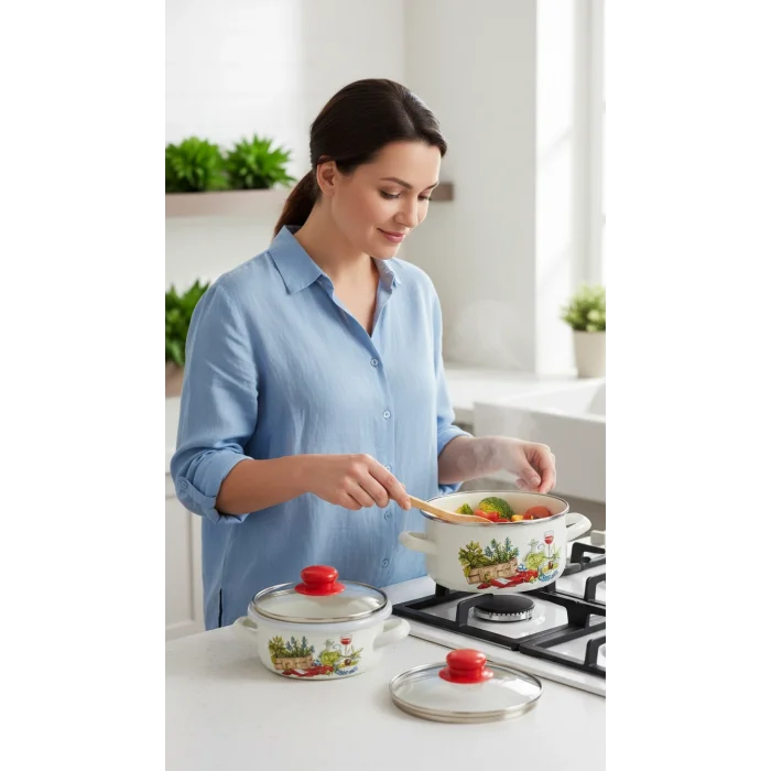 Hüma Lüks Emaye Tencere Takımı – Vakumlu Kapaklı Saklama ve Pişirme Seti 14/16/18 Cm