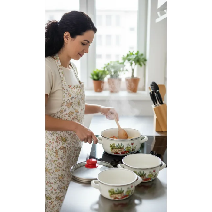 Hüma Lüks Emaye Tencere Takımı – Vakumlu Kapaklı Saklama ve Pişirme Seti 14/16/18 Cm