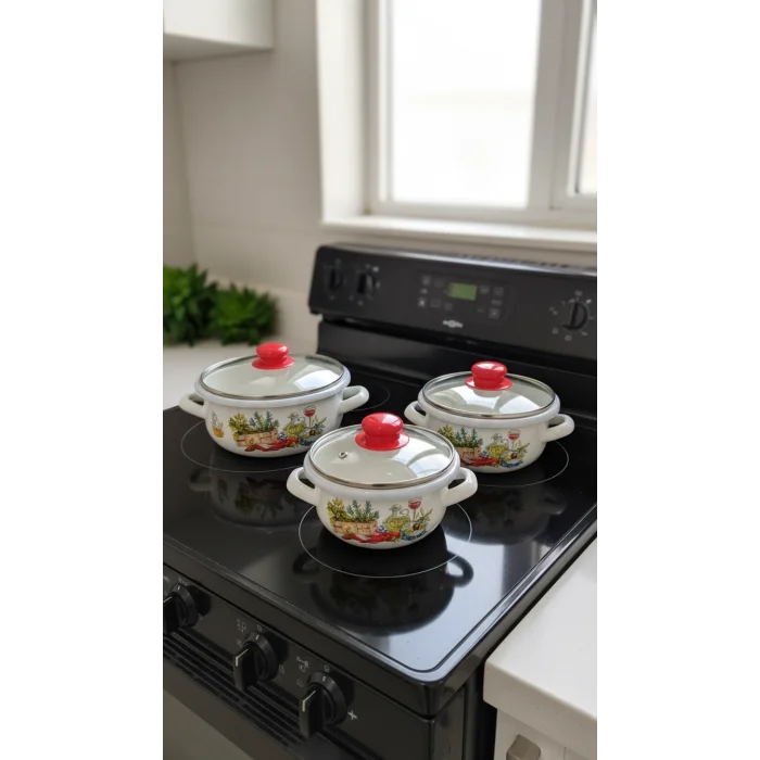 Hüma Lüks Emaye Tencere Takımı – Vakumlu Kapaklı Saklama ve Pişirme Seti 14/16/18 Cm