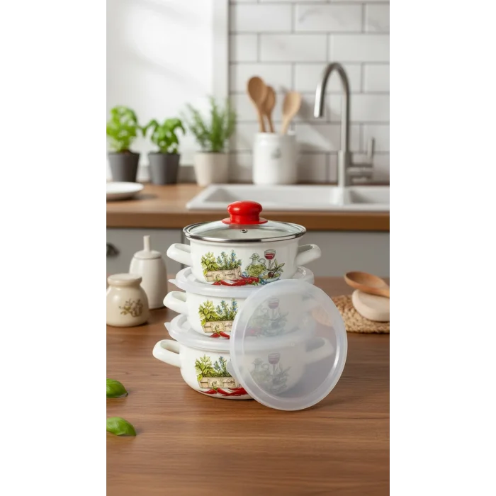 Hüma Lüks Emaye Tencere Takımı – Vakumlu Kapaklı Saklama ve Pişirme Seti 14/16/18 Cm