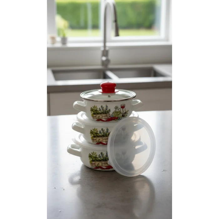 Hüma Lüks Emaye Tencere Takımı – Vakumlu Kapaklı Saklama ve Pişirme Seti 14/16/18 Cm