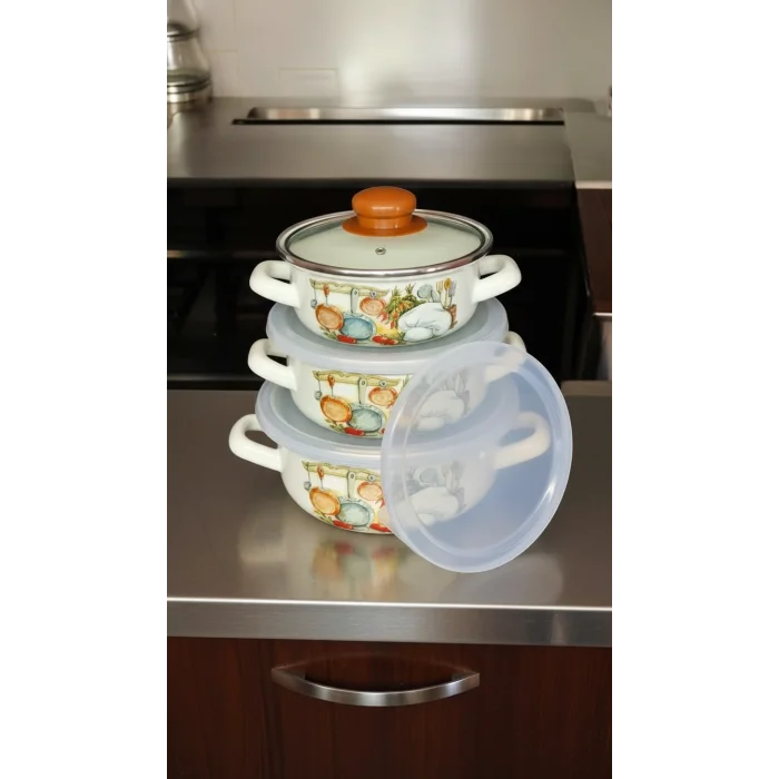 Liva Lüks Emaye Tencere Takımı – Vakumlu Kapaklı Saklama ve Pişirme Seti 14/16/18 Cm