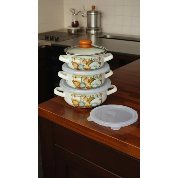 Liva Lüks Emaye Tencere Takımı – Vakumlu Kapaklı Saklama ve Pişirme Seti 14/16/18 Cm