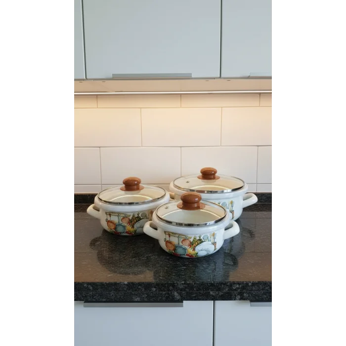 Liva Lüks Emaye Tencere Takımı – Vakumlu Kapaklı Saklama ve Pişirme Seti 14/16/18 Cm