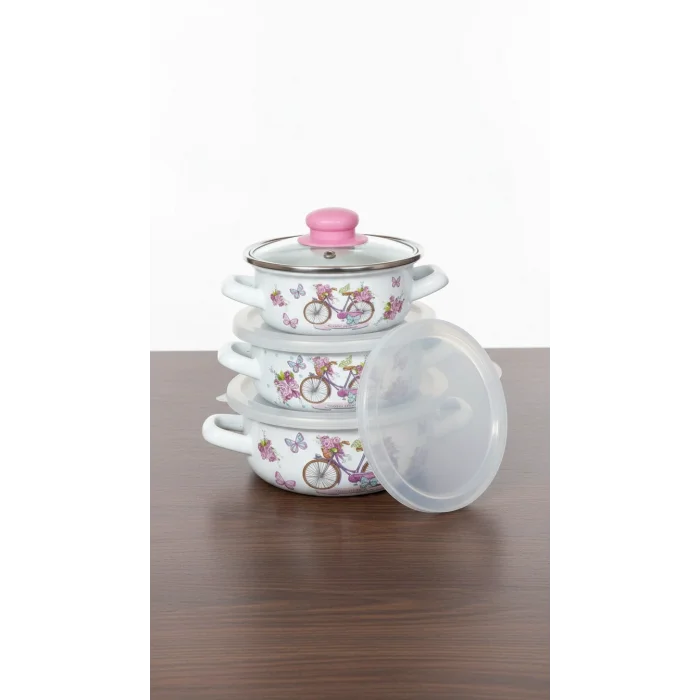 Mira Lüks Emaye Tencere Takımı – Vakumlu Kapaklı Saklama ve Pişirme Seti 14/16/18 Cm