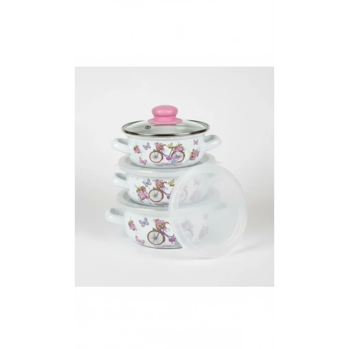 Mira Lüks Emaye Tencere Takımı – Vakumlu Kapaklı Saklama ve Pişirme Seti 14/16/18 Cm