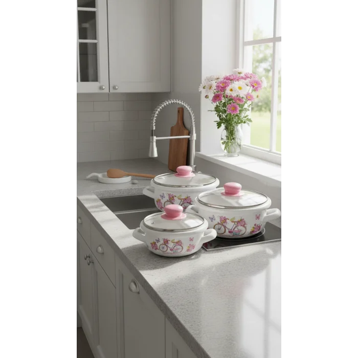 Mira Lüks Emaye Tencere Takımı – Vakumlu Kapaklı Saklama ve Pişirme Seti 14/16/18 Cm