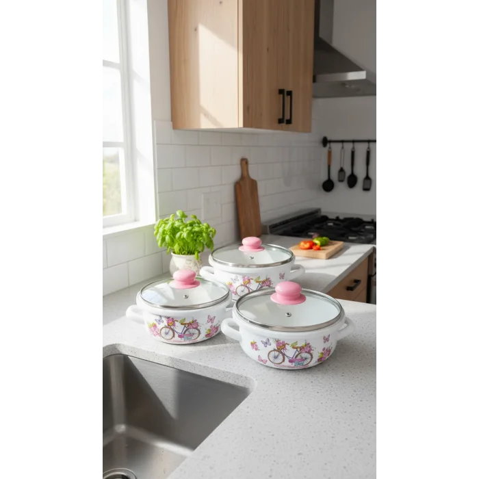 Mira Lüks Emaye Tencere Takımı – Vakumlu Kapaklı Saklama ve Pişirme Seti 14/16/18 Cm