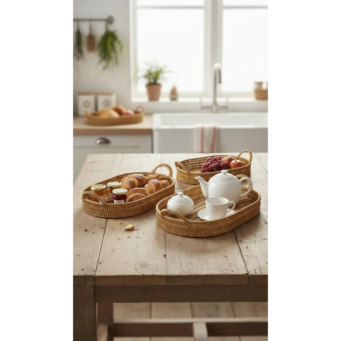 Naturel Oval 3’lü Lüks Hasır Servis Tepsi Seti
