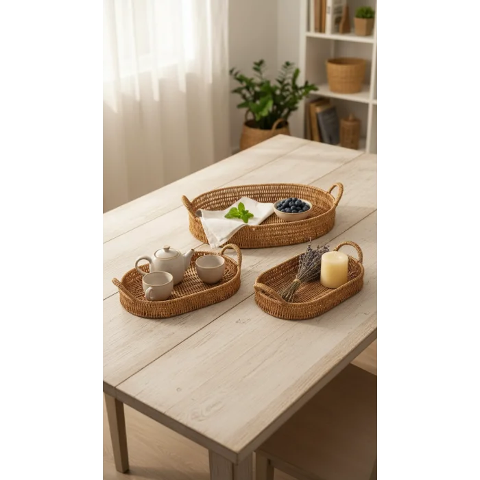 Naturel Oval 3’lü Lüks Hasır Servis Tepsi Seti