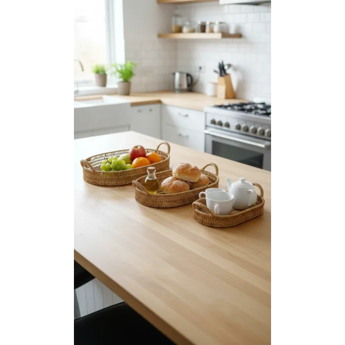 Lüks Oval 3lü Hasır Tekli Servis Sunum Seti